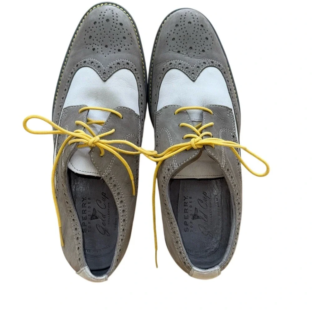 SPERRY Gold Cup Gray and Yellow Nubuck Wingtip Oxford Shoes Men's Size 11.5 VGUC